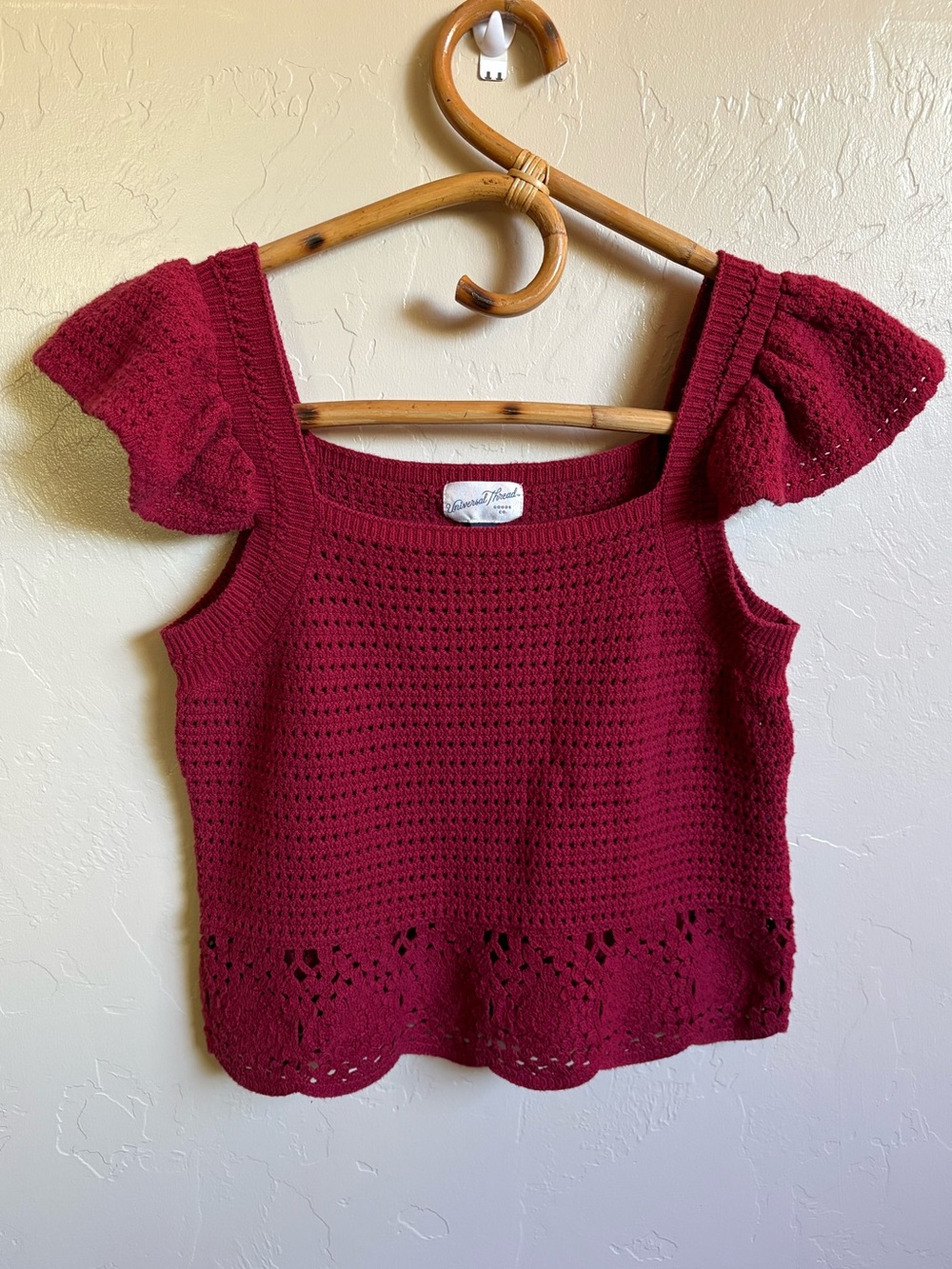 Universal Thread Crochet Dark Red Ruffle Short Sleeve Summer Tank Top Size L